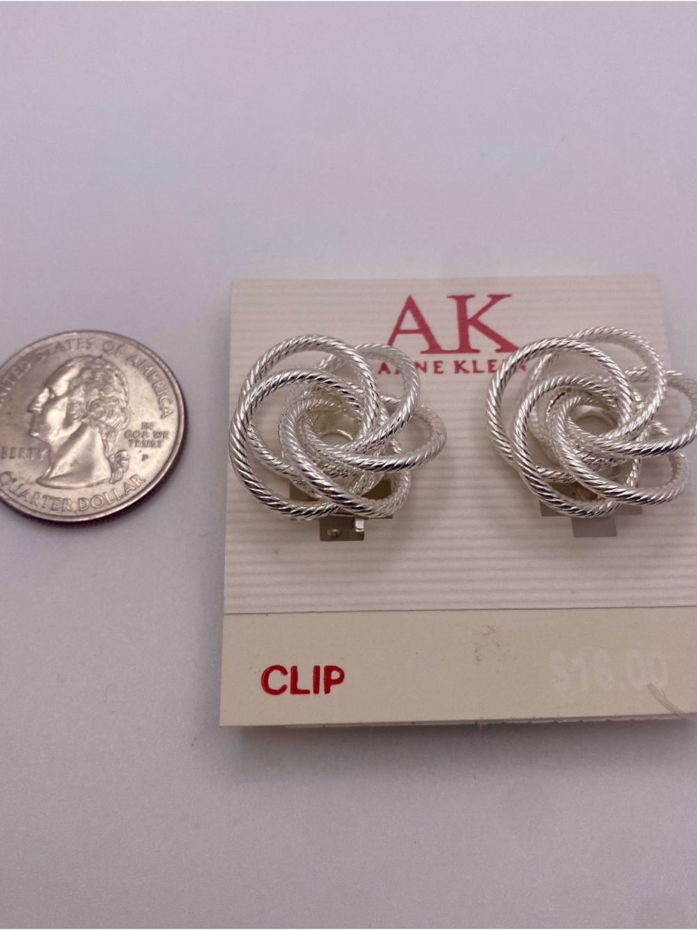 NOS Vintage Anne Klein Silver Tone Twisted Rope Knot Clip-On Earrings - Picture 5 of 5